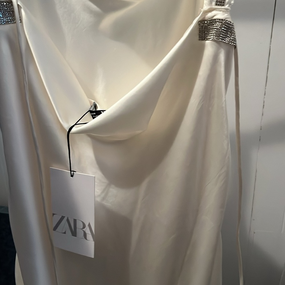 Zara White Satin Dress with Silver Accents